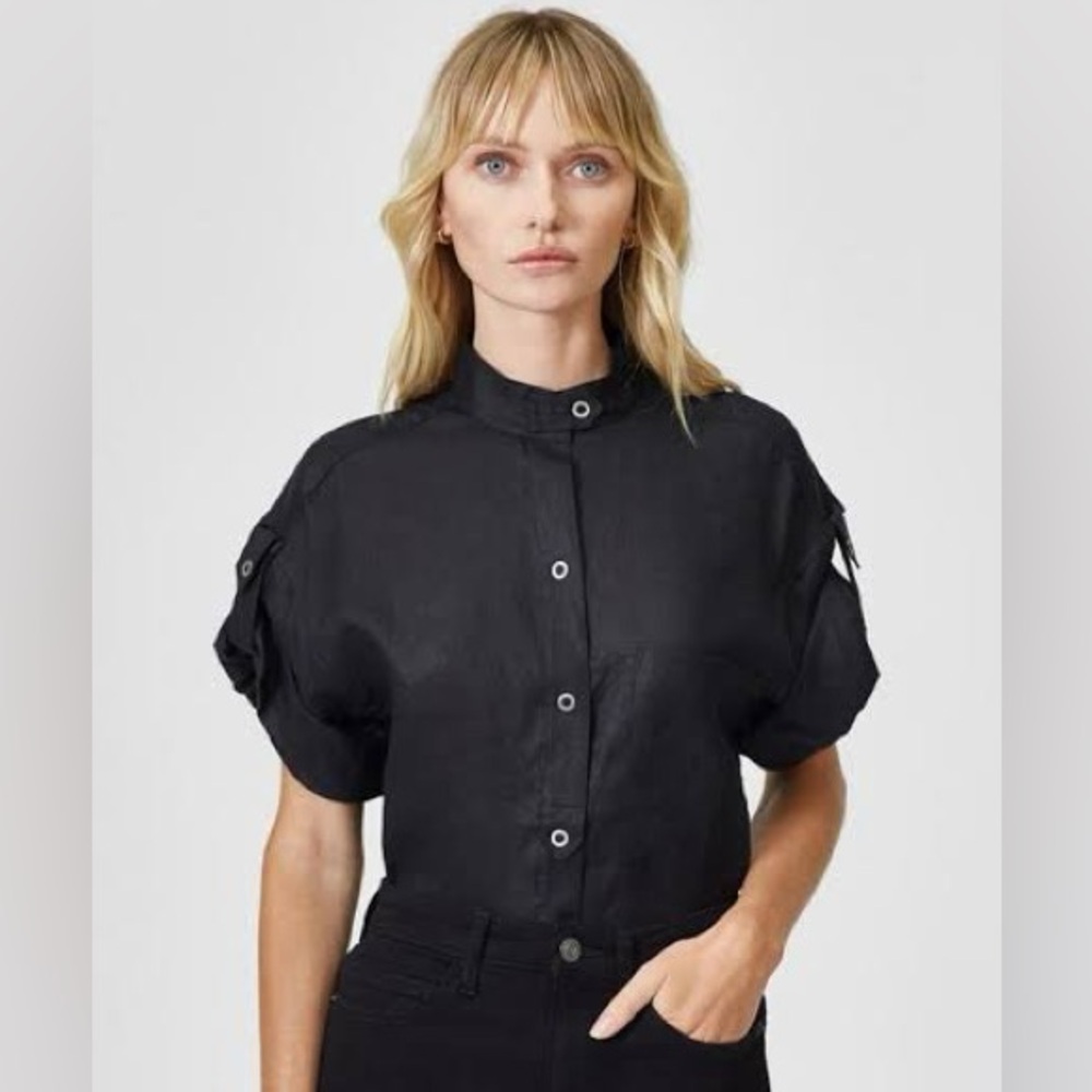 NWT! Equipment Black Linen Short Sleeve Button-Down Tab Shirt